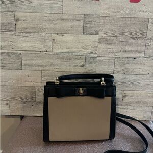 Kate Spade Mayfair Mini Tullie Bow Leather Crossbody Beige w/ Black Trim